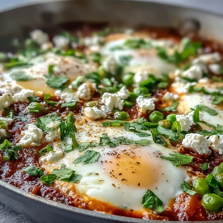 Hearty Pea and Broad Bean Shakshuka, bubbling in a skillet with fresh herbs.