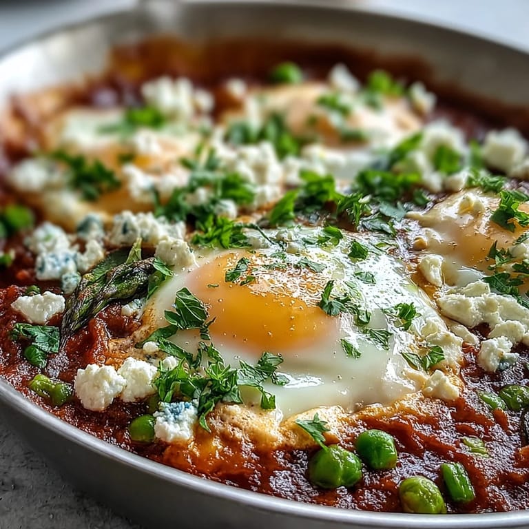Beautifully speckled Pea and Broad Bean Shakshuka, perfect served with crusty bread.