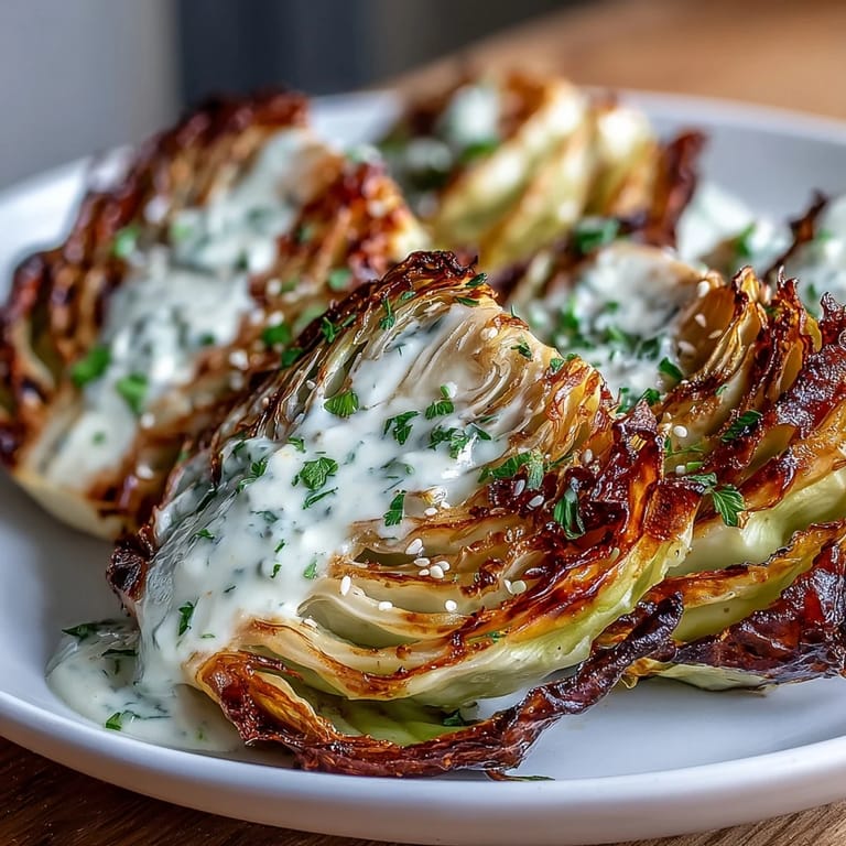 Tender, charred Roasted Cabbage Wedges With Tahini Sauce, garnished with sesame seeds, ready to serve as a vegan side dish.