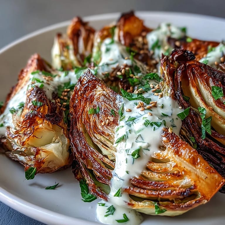 Close-up of Roasted Cabbage Wedges With Tahini Sauce, drizzled with lemony tahini and a dusting of paprika for a flavorful side.