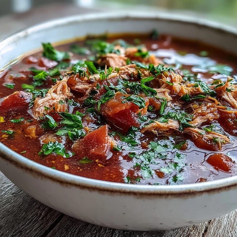 Serving suggestion for a quick Tuna and Tomato Soup, topped with fresh basil and a drizzle of olive oil.