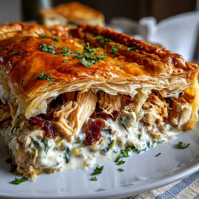 Sliced portions of Chicken and Leek Pie reveal tender chicken, sautéed leeks, and smoky bacon in a rich white sauce.