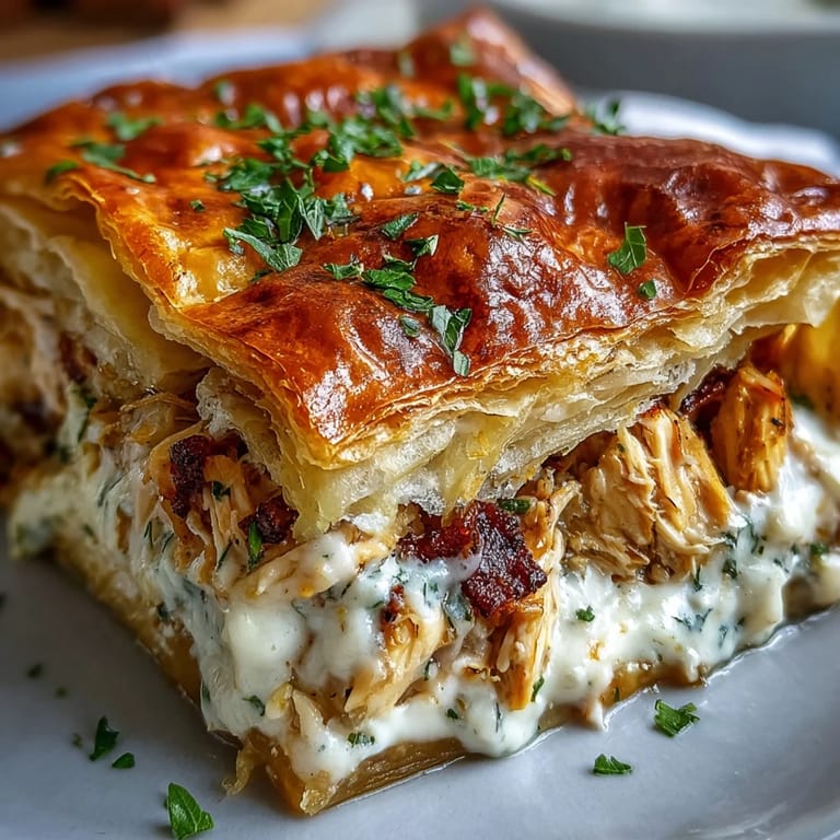 A rustic pie dish holds golden Chicken and Leek Pie, ready to be served alongside buttery mashed potatoes and greens.
