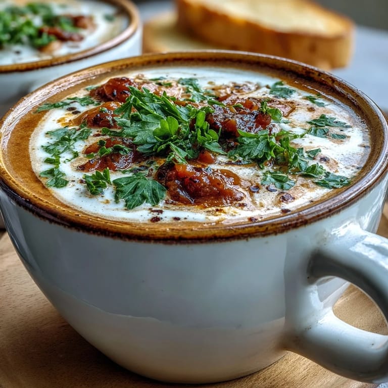 Warm White Bean Soup with Tomato ladled into a bowl with crusty bread for dipping.