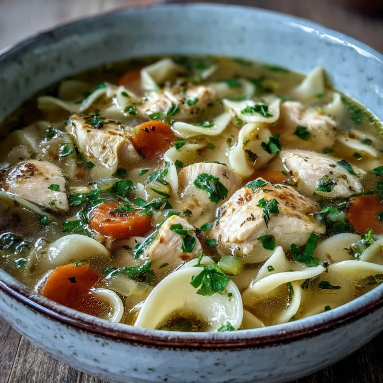 A close-up of Chicken Noodle Soup showing wide egg noodles, diced vegetables, and fresh parsley garnish on top.