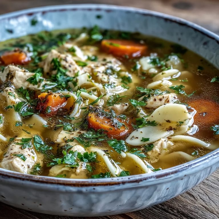 A rustic pot of Chicken Noodle Soup with a wooden ladle, ready to serve alongside crusty bread for dinner.