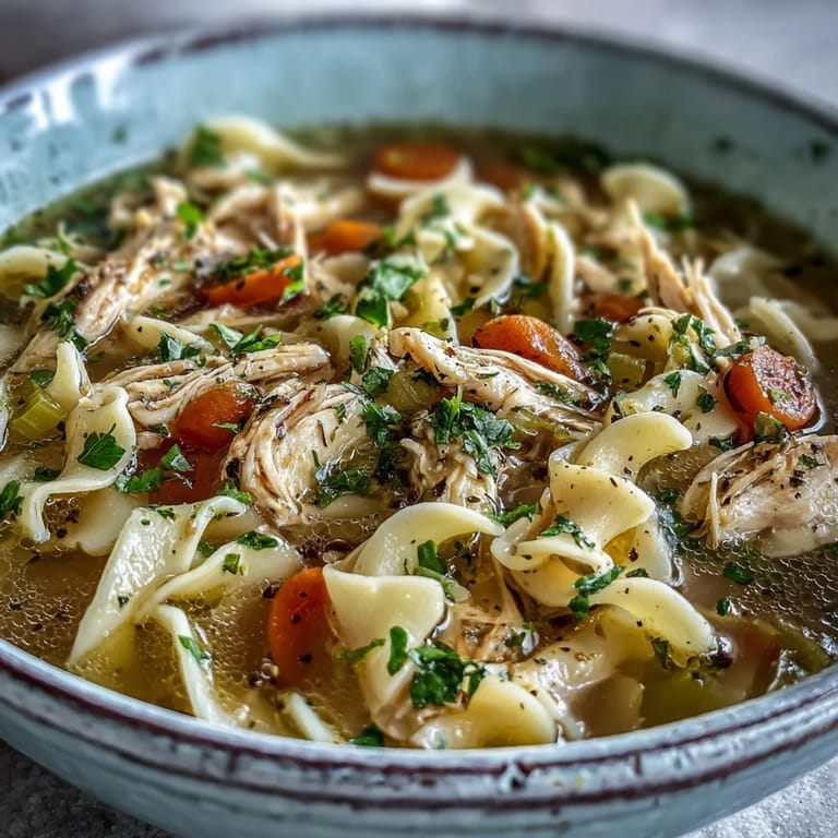 Cozy pot of Chicken and Noodle Soup simmering with fresh herbs and wide egg noodles, ready for a family dinner.