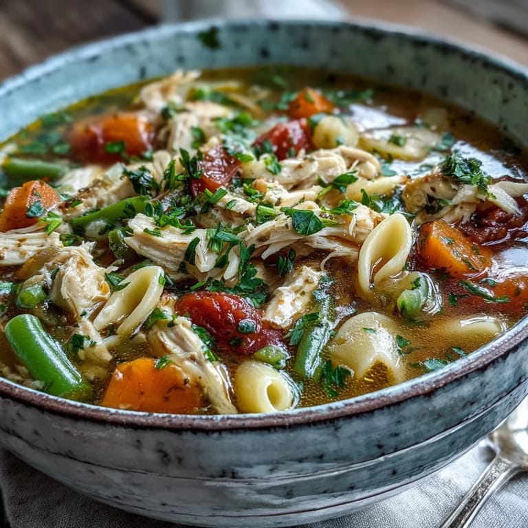 Pasta Soup With Chicken and Vegetables served in a rustic bowl garnished with fresh parsley, beside a slice of crusty bread for dipping.