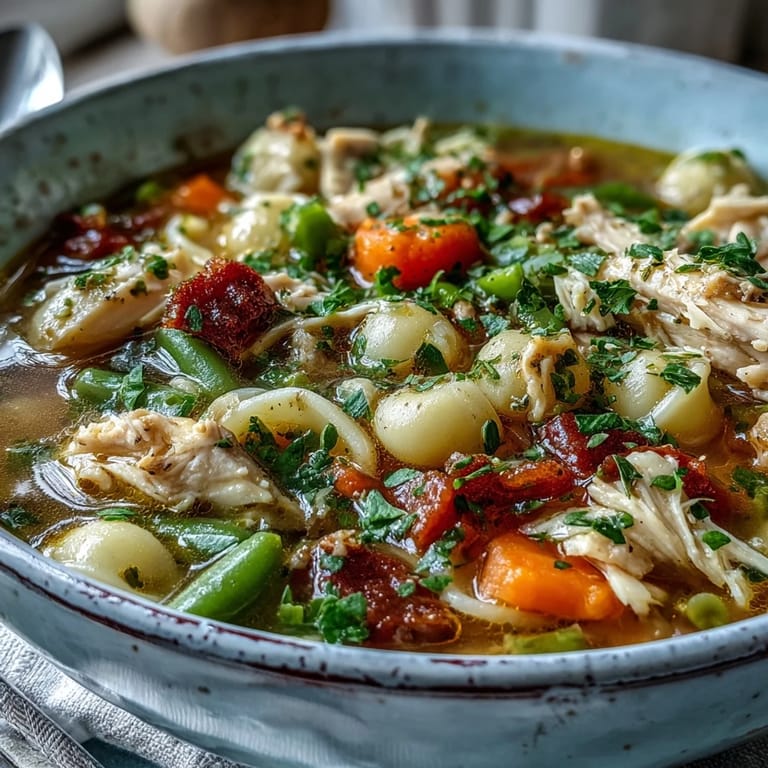A hearty pot of Pasta Soup With Chicken and Vegetables simmering on the stove, packed with zucchini, green beans, peas, and diced tomatoes.