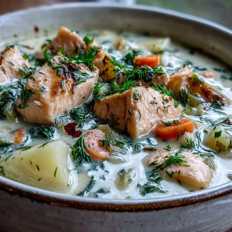 Hearty Finnish Salmon Soup with soft potatoes and dill, ready to enjoy with crusty rye bread.