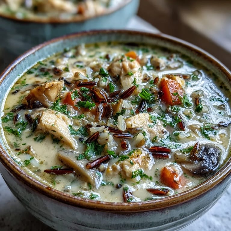 Homemade Parmesan Mushroom Chicken and Wild Rice Soup served with crusty bread and melted cheese.