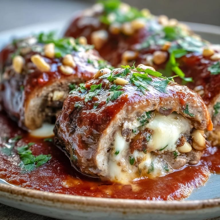 Tender beef braciole rolls sliced open to reveal a savory filling of pecorino, herbs, and golden raisins.