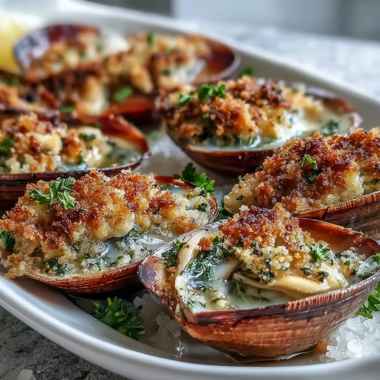 A close-up of Roasted Clams With Lemony Panko shows crisp, buttery breadcrumbs and tender clam meat ready to be served.