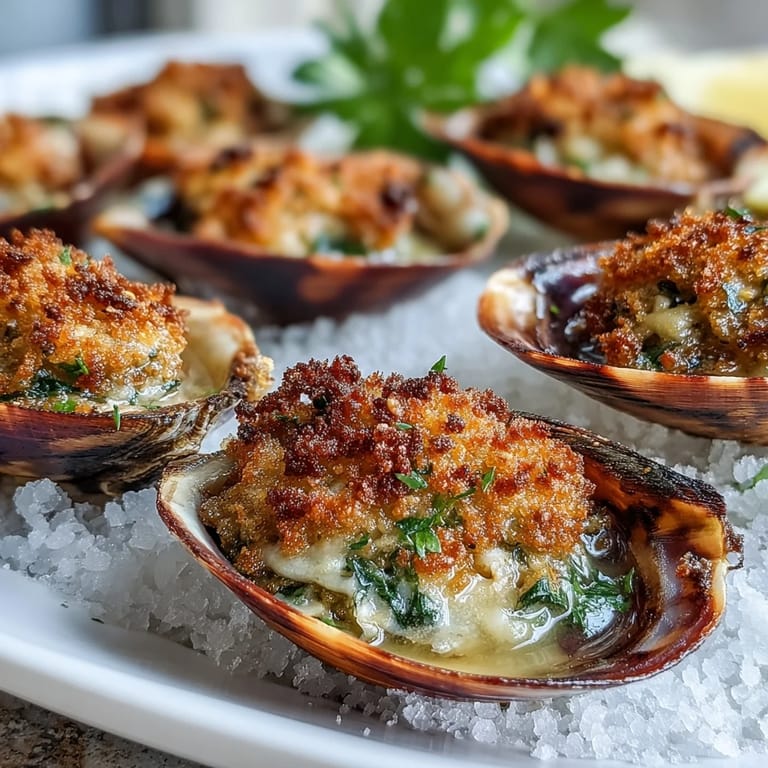 Four succulent Roasted Clams With Lemony Panko arranged on a platter with lemon wedges and a glass of white wine.