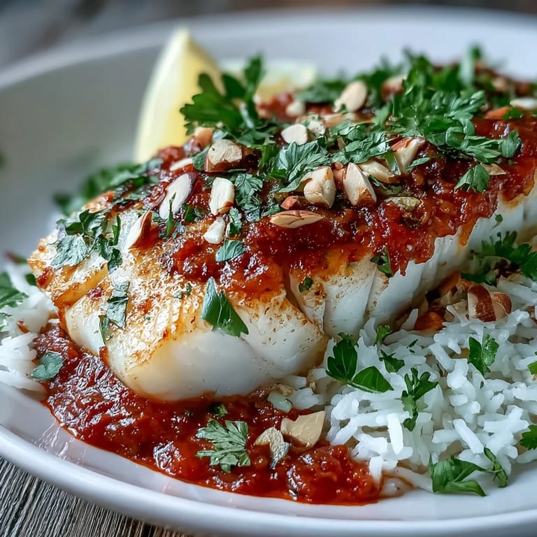 Flaky white fish roasts in a zesty tomato sauce, topped with crunchy, golden spiced almonds.