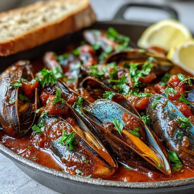 A vibrant bowl of Smoky Mussels Pomodoro featuring a zesty red sauce and fresh herbs for garnish.