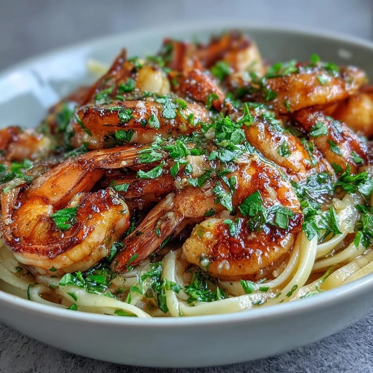 Tender shrimp and linguine coated in a glossy, garlicky white wine butter sauce, ready to serve with fresh lemon wedges and chopped parsley garnish.