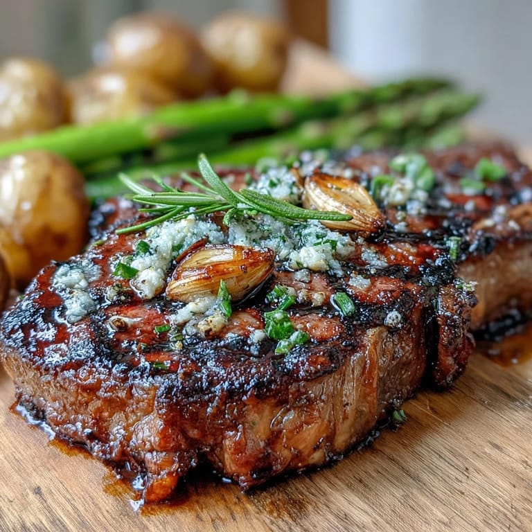 Perfectly charred bone-in rib eye steak served with roasted baby potatoes and lemon wedges for a complete meal.