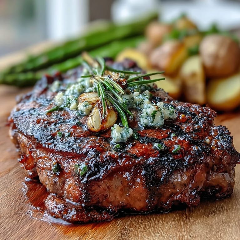A juicy medium-rare bone-in rib eye steak plated with asparagus and buttered potatoes, ready to serve.