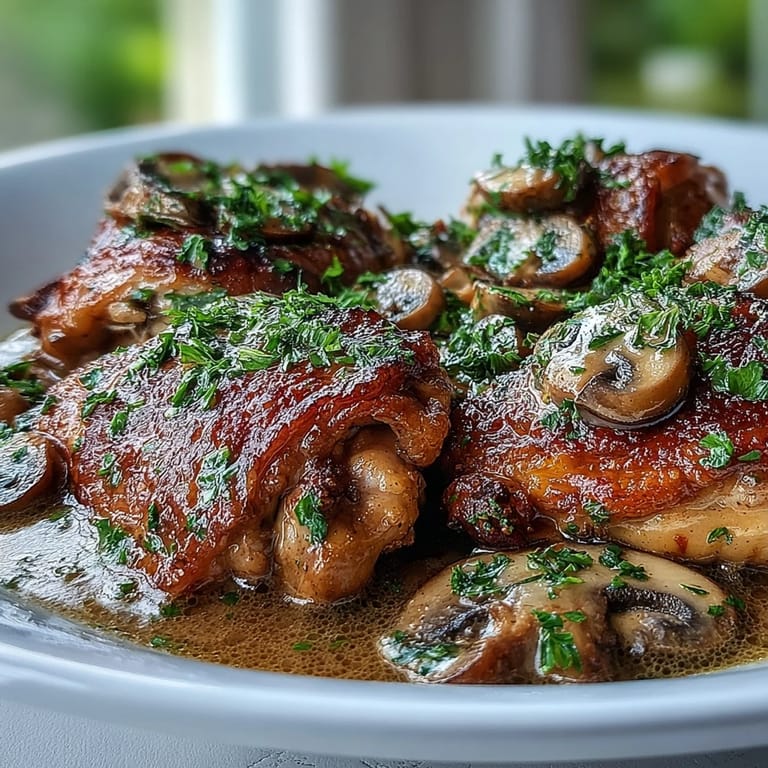 Golden chicken with mushrooms and carrots, Coq au Vin Rosé, served alongside buttered potatoes and crusty bread.
