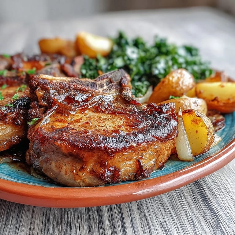 Juicy Aleppo Pork Chops With Potatoes and Greens plated with lemony shallots and smoky aromas. 