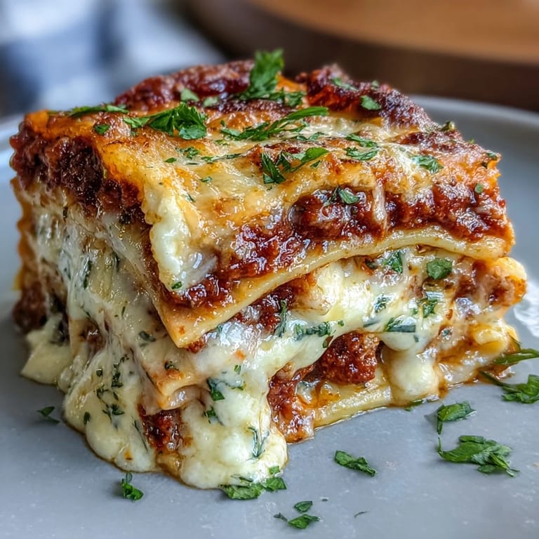 Sliced Worlds Best Lasagna served on a white plate, showcasing golden cheese crust, juicy meat filling, and fresh basil garnish.