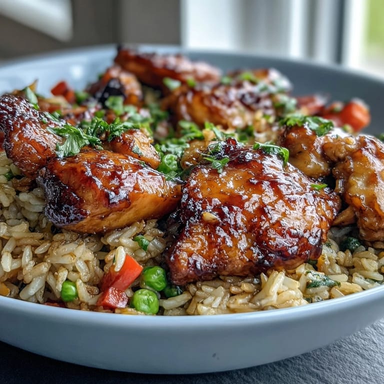 The finished One-Pan Bold Honey BBQ Chicken Rice served in a skillet, garnished with fresh parsley and a lime wedge for brightness.