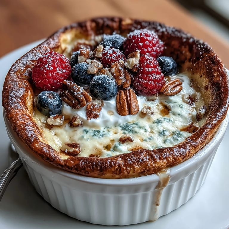 Golden, fluffy Baked Protein Pancake Bowl emerging from the oven in a ceramic ramekin, ready for a nutritious high-protein breakfast.