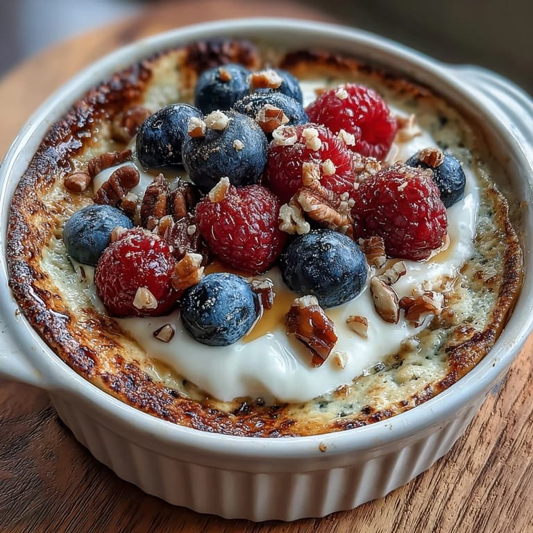 Warm Baked Protein Pancake Bowl with fresh berries and chocolate chips, served in an oven-safe bowl for a single-serve meal prep.