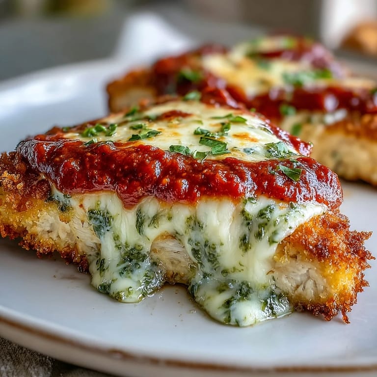 Sizzling chicken breasts coated in breadcrumbs, layered with pesto and marinara in a white baking dish.