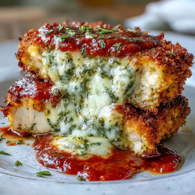 A close-up of Pesto Chicken Parmesan served on a plate, garnished with basil and ready to enjoy.