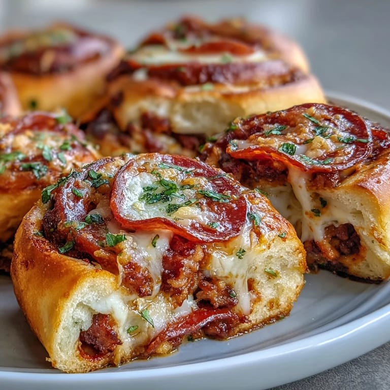 Sliced Irresistible High Protein Pepperoni Pizza Rolls reveal layers of savory pepperoni, lean beef, and gooey cheese on a rustic tray.