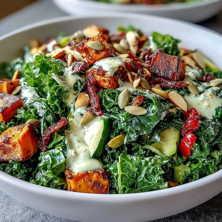Healthy Kale Salad Bowl featuring massaged kale, zucchini, red onion, and sunflower seeds, drizzled with lemony tahini dressing.