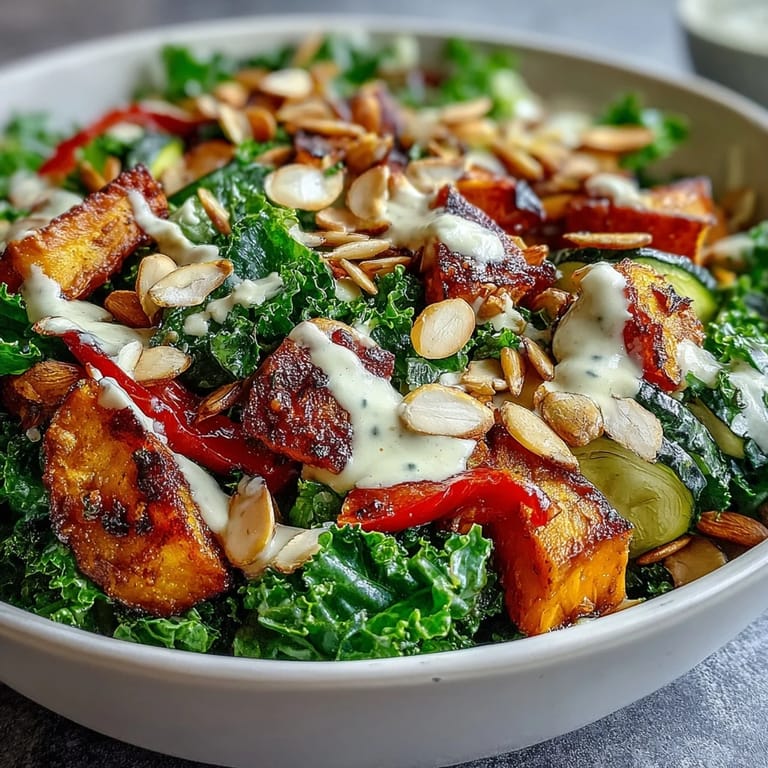 Hearty Kale Salad Bowl arranged in a white bowl with cherry tomatoes, almonds, and pumpkin seeds, ready to enjoy.