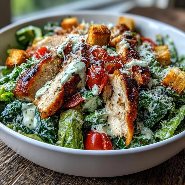 Hearty Romaine Caesar Bowl featuring crunchy homemade croutons and optional cherry tomatoes, perfect for a satisfying meal.
