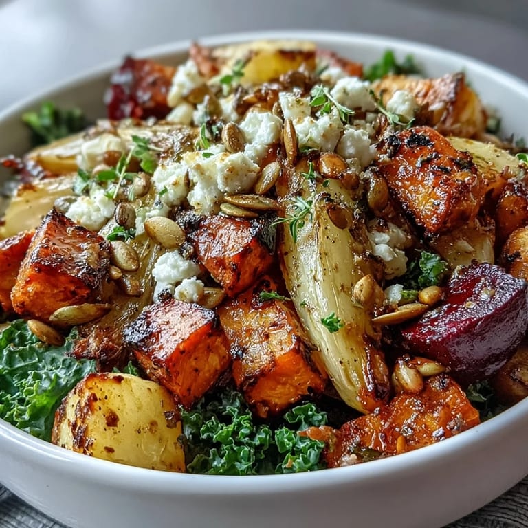 Overhead view of a Winter Root Vegetable Bowl plated with colorful roasted vegetables, hearty greens, and a warm tangy dressing, ready to serve.