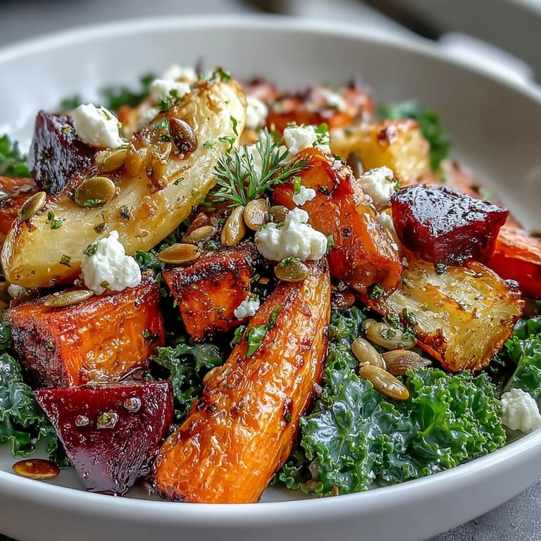 Fork-ready Winter Root Vegetable Bowl with caramelized root veggies, massaged kale, feta crumbles, and toasted pumpkin seeds on a rustic wooden table.