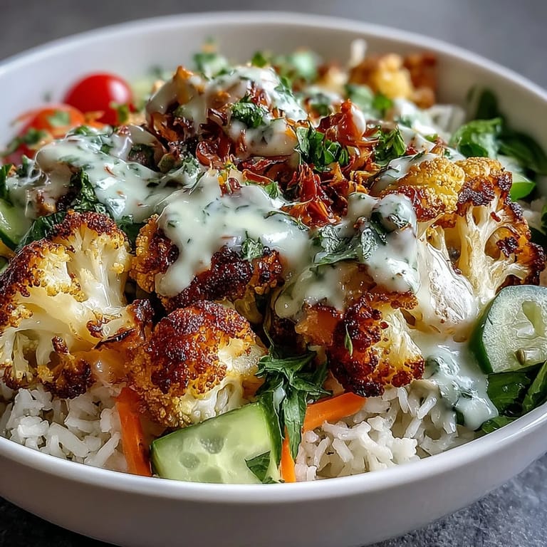 A close-up view of a roasted cauliflower bowl with spinach, red onion, and a generous drizzle of creamy, zesty tahini sauce.