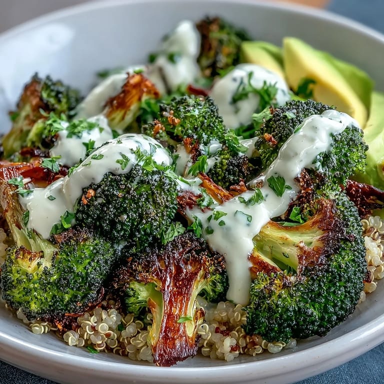 Roasted Broccoli Bowl garnished with fresh parsley, toasted sesame seeds, and sliced avocado, served with a bright lemon wedge on the side.  