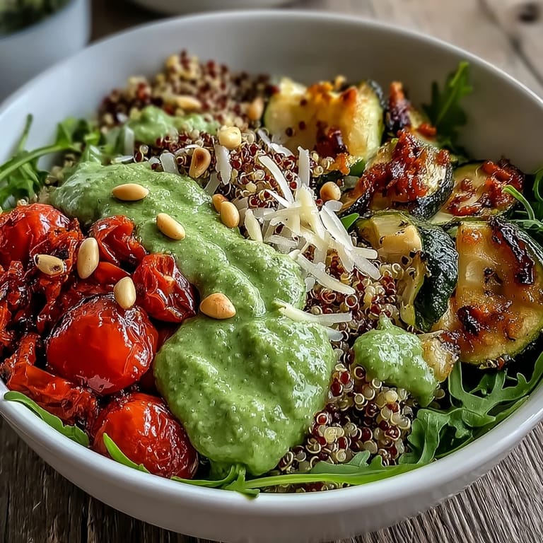 A close-up of the Arugula Pesto Bowl highlights fresh arugula and toasted pine nuts on fluffy quinoa.