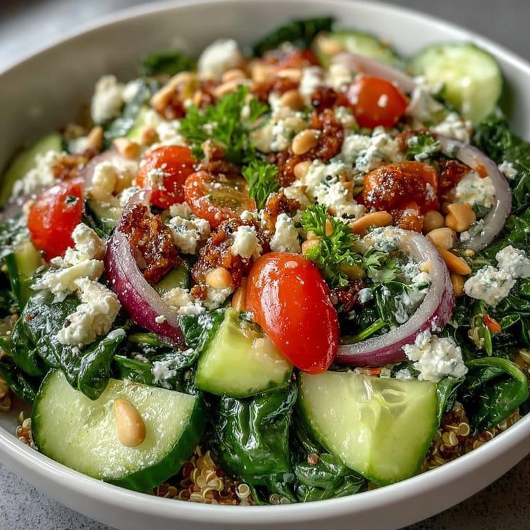Wholesome Spinach and Feta Grain Bowl with warm sautéed spinach, diced vegetables, and a honey-lemon vinaigrette, ideal for an easy vegetarian dinner or nutritious meal prep.