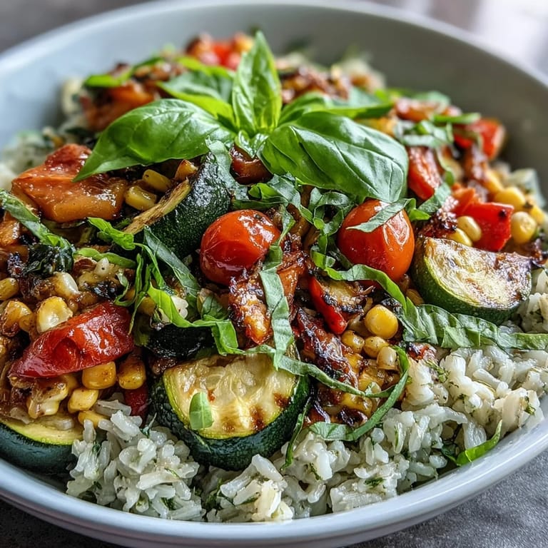 Summer vegetable bowl served over fluffy rice, featuring colorful sautéed zucchini, tomatoes, corn, and bell peppers topped with fresh basil.