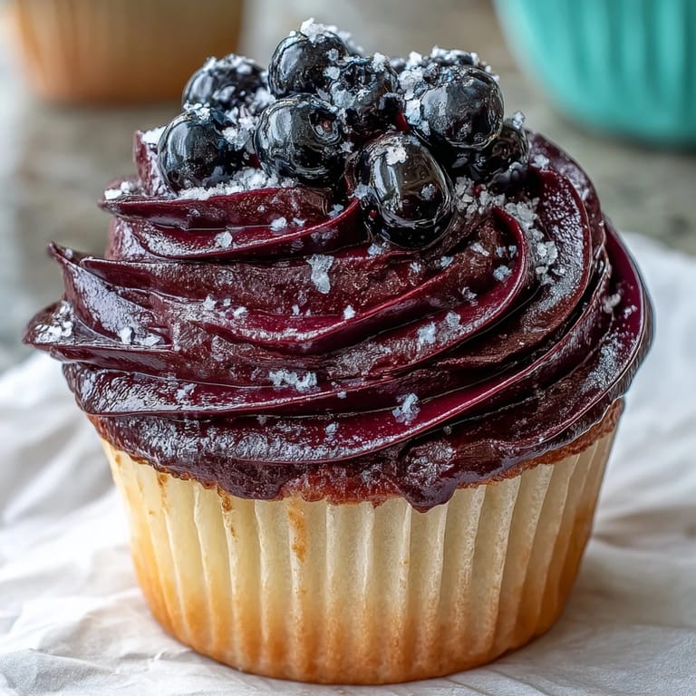 Black Currant Frosting piped onto a vanilla cupcake, showing off its vibrant purple hue.