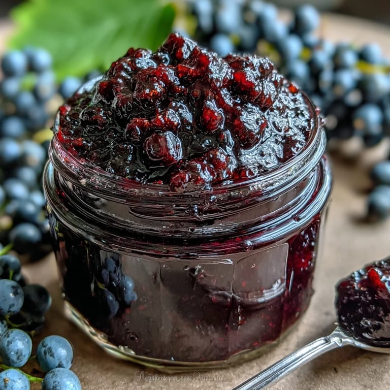 Freshly boiled Homemade Black Currant Jam cooling in a sterilized jar, surrounded by ripe blackcurrants and a lemon on a rustic wooden table.