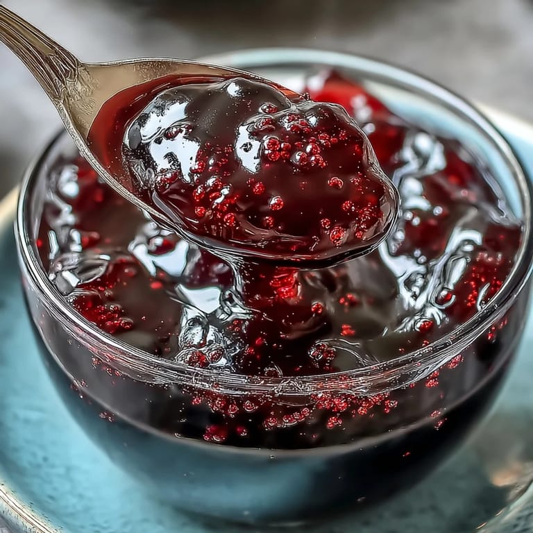 Black Currant Jelly being poured from a measuring cup into a sterilized glass jar during cooking.