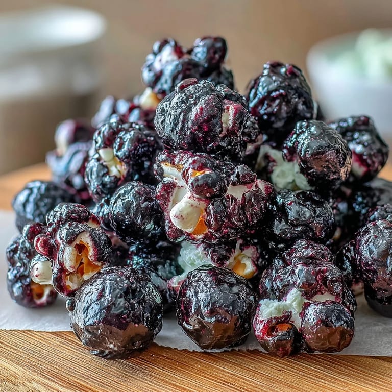 Freshly popped Black Currant Cheesecake Kettle Corn spills from a rustic pot, showcasing glossy kernels with a vibrant purple hue.