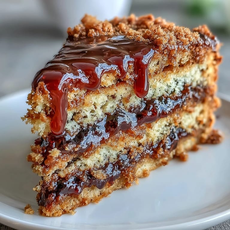Decadent PB and J cake slice on a plate, black currant sauce poured over.
