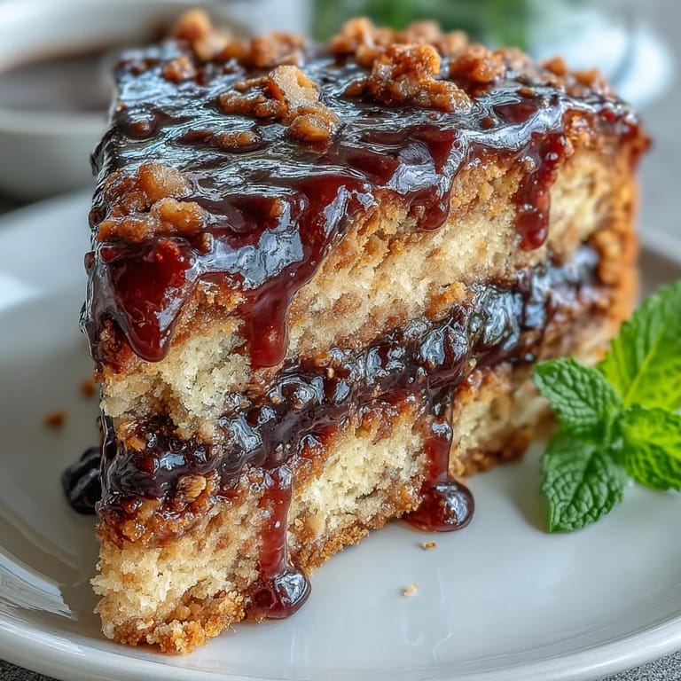 A plated slice reveals a black currant jam center, drizzled with glossy sauce.