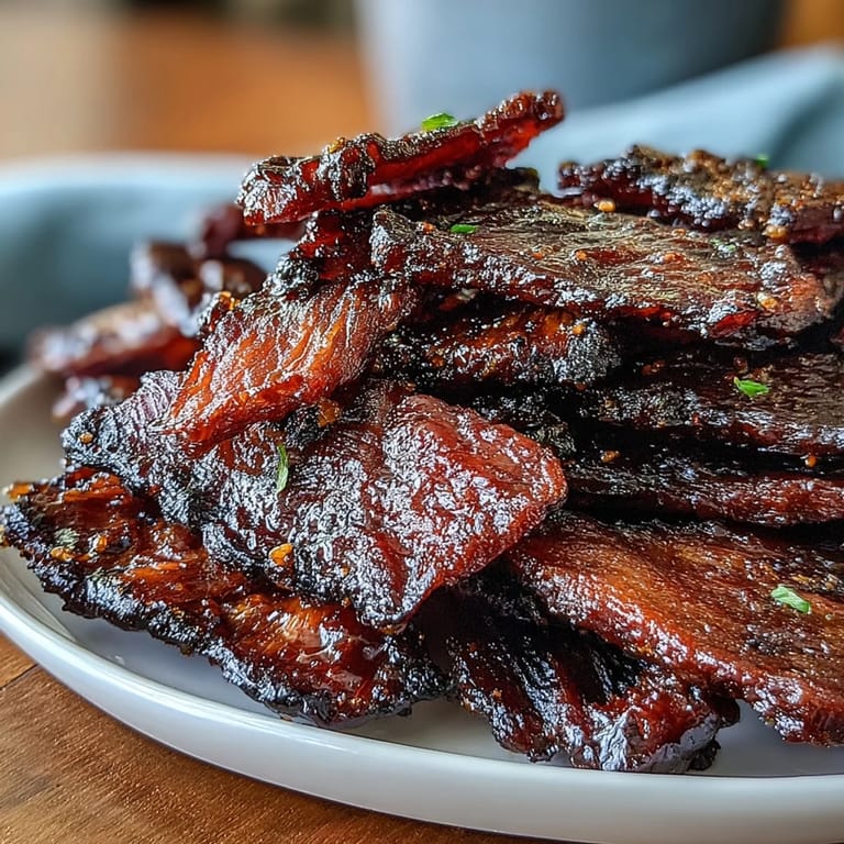 Tender slices of beef marinated in tangy black currant preserves, soy sauce, and smoked paprika, then slowly dehydrated for the perfect chewy snack.  