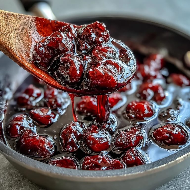 Vibrant black currant glaze coating baked ham, offering a sticky, flavorful finish for holiday meals.
